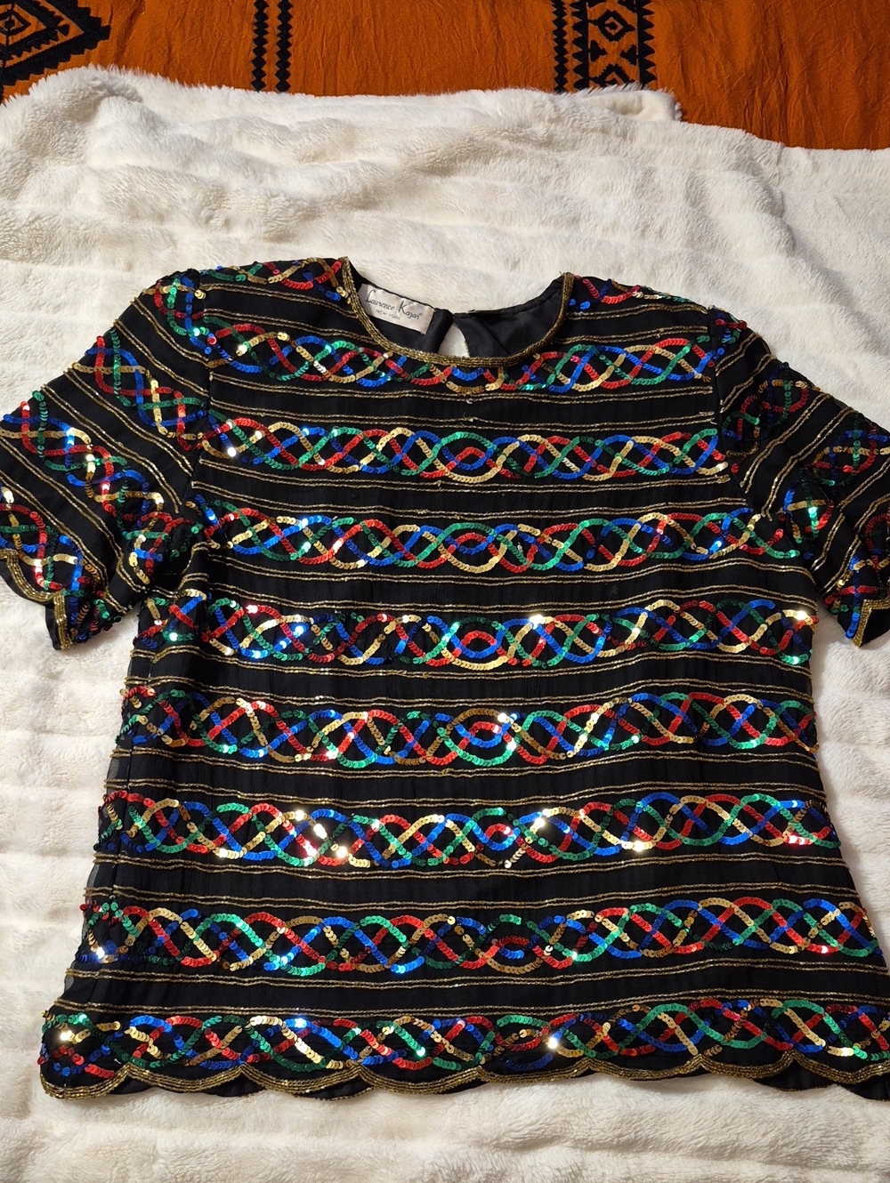 Laurence Kazar Black Sequin Short-Sleeve Top with Multicolor Chain Motif
